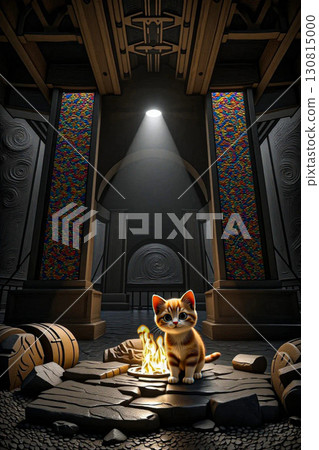 Mystical cat by the fire a fantasy scene. A fantasy scene depicts a striped orange cat standing by a small fire on a stone platform.  130815000