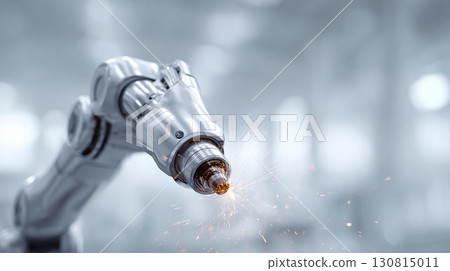 Precision robot arm with sparks, symbolizing automation, innovation, and futuristic technology. Ideal for illustrating Industry 4.0, engineering, or robotic solutions. 130815011