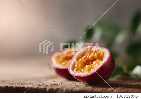 Halved passion fruit on wood, showcasing its vibrant interior. Fresh, healthy eating concept for backgrounds, recipes or food related designs. Delicious and inviting. 130815070