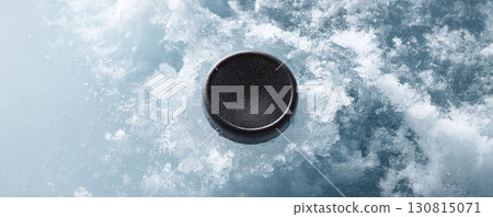 Lone black disc rests on a bed of crushed ice. Evokes themes of sport, competition, winter,  challenges. Ideal for sports marketing, or symbolic usage. 130815071