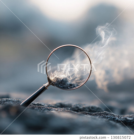 Conceptual image of a magnifying glass focused on smoking material. Metaphor for investigation, discovery, or environmental concerns. Evokes mystery, analysis, and attention to detail. 130815072