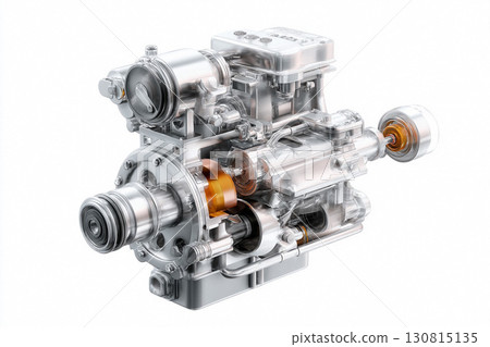 Detailed engine crosssection. A powerful, intricate machine rendered in silver tones, symbolizing technology, engineering, and innovation. Perfect for concepts of mechanics, power, or industry. Detailed engine crosssection. A powerful, intricate machine rendered in silver tones, symbolizing technology, engineering, and innovation. Perfect for concepts of mechanics, power, or industry. 130815135