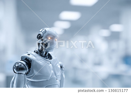 Futuristic humanoid robot with glowing eyes, standing in a sterile environment. Represents artificial intelligence, automation, and advanced technology concepts. 130815177