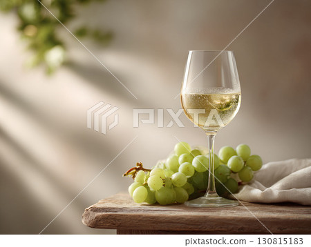 Elegant still life featuring a glass of crisp white wine alongside fresh green grapes. Evokes relaxation, indulgence, and the art of fine living. Perfect for food, beverage, or lifestyle projects. Elegant still life featuring a glass of crisp white wine alongside fresh green grapes. Evokes relaxation, indulgence, and the art of fine living. Perfect for food, beverage, or lifestyle projects. 130815183