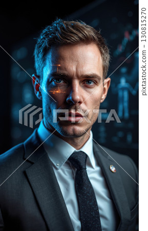 A White male CEO in a dark gray suit, with glowing digital business charts and stock market projections illuminating his A White male CEO in a dark gray suit, with glowing digital business charts and stock market projections illuminating his 130815270