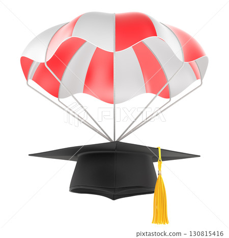 Graduation cap, mortarboard with parachute. Graduation support concept. 3D rendering Graduation cap, mortarboard with parachute. Graduation support concept. 3D rendering 130815416