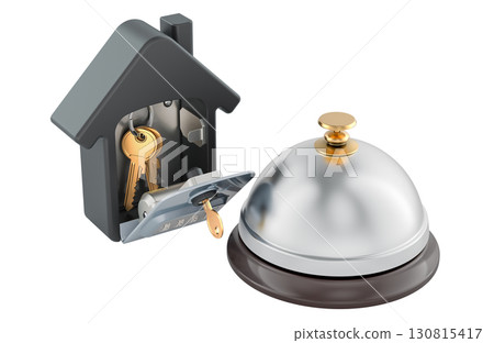 House key lockbox and service bell. Hotel check-in concept. 3D rendering House key lockbox and service bell. Hotel check-in concept. 3D rendering 130815417