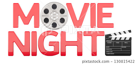 Movie night concept with film reel and clapperboard. 3D rendering 130815422