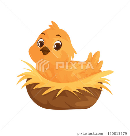 An Adorable Chick Nestled Comfortably In A Simple Nest, Cartoon Style. An Adorable Chick Nestled Comfortably In A Simple Nest, Cartoon Style. 130815579