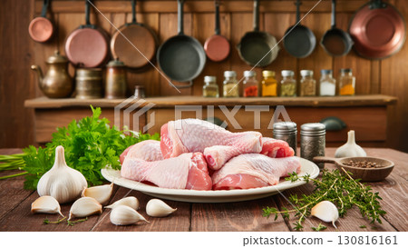 Raw chicken drumsticks on plate with garlic, herbs and spices in rustic kitchen, cooking preparation concept Raw chicken drumsticks on plate with garlic, herbs and spices in rustic kitchen, cooking preparation concept 130816161
