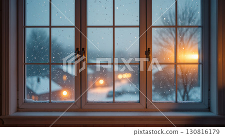 Christmas snowy evening view through window with frosted glass and glowing warm lights outside in winter village scene 130816179