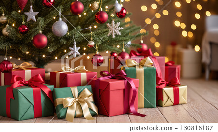 Christmas presents in red and green wrapping with ribbons under decorated tree with lights and ornaments indoors 130816187