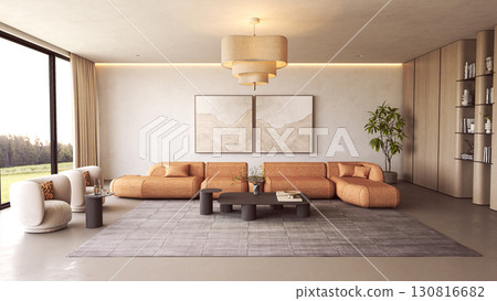 Contemporary lounge with orange sofa and large windows Contemporary lounge with orange sofa and large windows 130816682