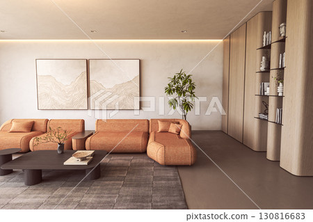 Earth-toned lounge with modern art and shelving Earth-toned lounge with modern art and shelving 130816683