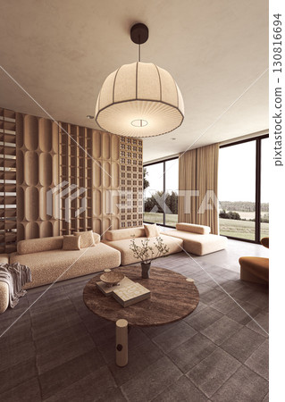 Elegant neutral living room with large pendant light Elegant neutral living room with large pendant light 130816694