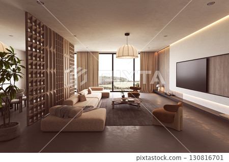 Modern cozy living room with TV and view 130816701