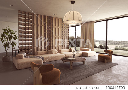 Modern minimalist living room with scenic view 130816703