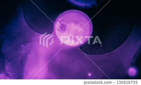 Fluid molecular. Liquid wave. Defocused purple lilac neon color water glow paint drop ink dark black flow blob spreading on light art texture. Fluid molecular. Liquid wave. Defocused purple lilac neon color water glow paint drop ink dark black flow blob spreading on light art texture. 130816735