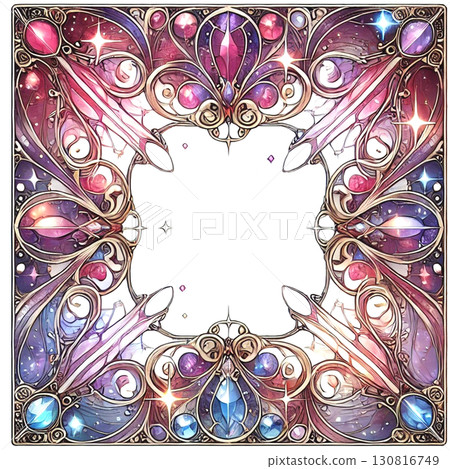 Stained glass frame illustration with sparkling jewel motif 130816749
