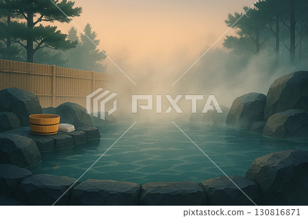 Morning mist in the open-air bath | Cedar forest and steam, buckets and towels / soft morning glow (16:9) 130816871