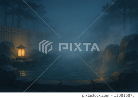 夜霧中的露天浴池｜燈籠與蒸氣的寂靜／中心的寬廣空間（16:9） 130816873