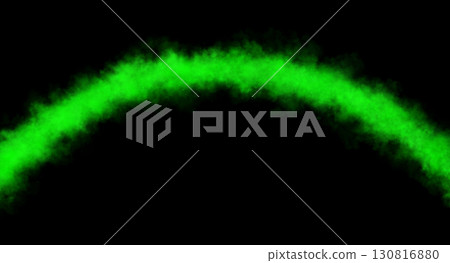Curved glowing green smoke arc on transparent background, fog and steam mockup template for digital design 130816880