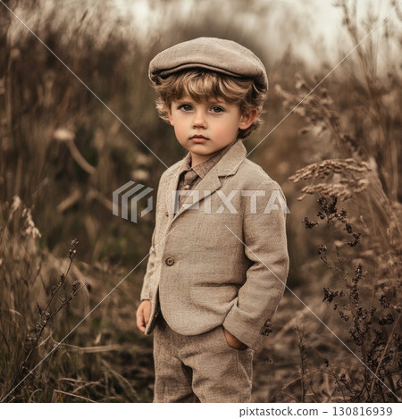 A young boy dressed in a vintage-style suit and cap stands in a dry autumn field with a serious expression 130816939