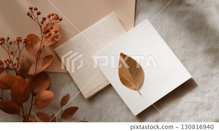 A minimal autumn-themed paper card with a single dried leaf placed elegantly over beige-toned textures 130816940