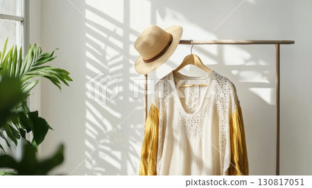 A soft and airy boho outfit with a straw hat hangs on a minimalist wooden rack in sunlit interior A soft and airy boho outfit with a straw hat hangs on a minimalist wooden rack in sunlit interior 130817051