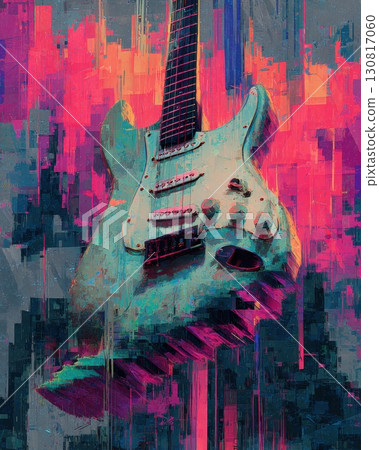 A surreal electric guitar surrounded by vivid pink and teal glitch textures, blending music with abstract digital chaos 130817060