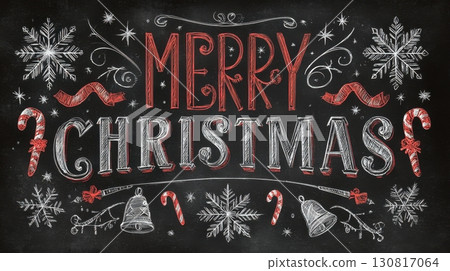A festive chalkboard-style poster featuring hand-drawn "Merry Christmas" lettering with candy canes, snowflakes A festive chalkboard-style poster featuring hand-drawn "Merry Christmas" lettering with candy canes, snowflakes 130817064