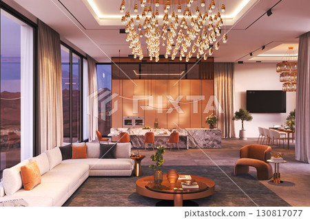Luxurious modern living room is designed with elegance and offers stunning scenic views, 3d rendering 130817077