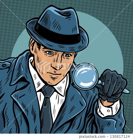 Male detective with magnifying glass noir scene Male detective with magnifying glass noir scene 130817124