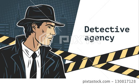 Detective man in retro hat on noir city banner Detective man in retro hat on noir city banner 130817128