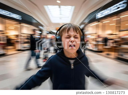 Autistic child boy with noise cancelling headphones in shopping mall eyes closed distressed showing sensory overload anxiety panic attack meltdown motion blur long exposure 130817273
