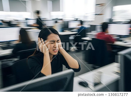 Autistic young asian woman with headphones in office eyes closed distressed showing sensory overload anxiety panic attack meltdown motion blur long exposure 130817277
