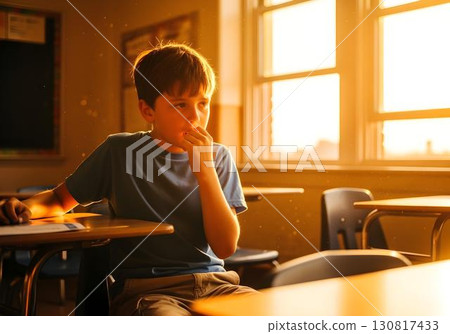 Anxious autistic child boy reading book in sunny classroom with bright light rays creating warm atmosphere promoting inclusive education and neurodiversity awareness 130817433