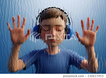 3d cartoon autistic child boy with blue noise cancelling headphones pressing hands to textured glass, eyes closed, concept of autism, sensory overload and isolation 3d cartoon autistic child boy with blue noise cancelling headphones pressing hands to textured glass, eyes closed, concept of autism, sensory overload and isolation 130817453