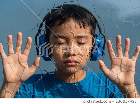Autistic asian child boy with blue noise cancelling headphones pressing hands to textured glass, eyes closed, concept of autism, sensory overload and isolation Autistic asian child boy with blue noise cancelling headphones pressing hands to textured glass, eyes closed, concept of autism, sensory overload and isolation 130817455