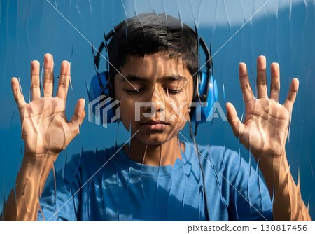 Autistic indian child boy with blue noise cancelling headphones pressing hands to textured glass, eyes closed, concept of autism, sensory overload and isolation 130817456