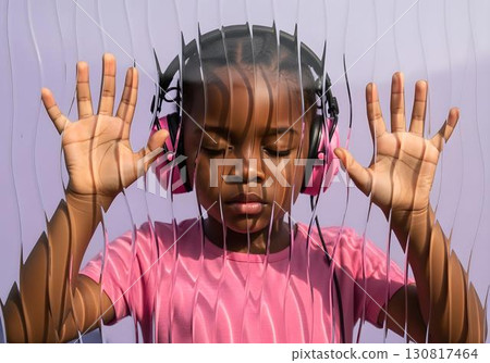 Neurodivergent kid black girl with pink headphones pressing hands to textured glass, eyes closed, symbolic image of autism, sensory hypersensitivity and isolation Neurodivergent kid black girl with pink headphones pressing hands to textured glass, eyes closed, symbolic image of autism, sensory hypersensitivity and isolation 130817464