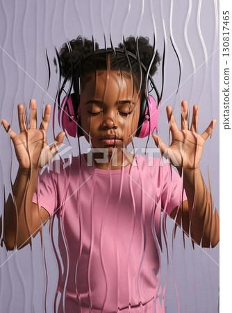 Neurodivergent kid black girl with pink headphones pressing hands to textured glass, eyes closed, symbolic image of autism, sensory hypersensitivity and isolation 130817465