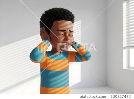 3D black autistic child boy holding ears eyes closed on light background facing sensory overload autism ADHD hypersensitivity meltdown neurodiversity awareness 130817473