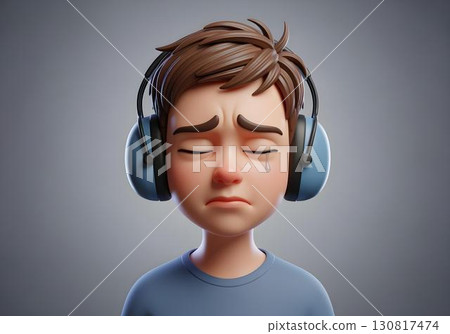3D autistic child boy wearing noise cancelling headphones with tear on light background expressing sensory overload autism ADHD hypersensitivity meltdown 130817474