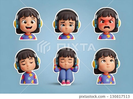 Neurodivergent kid girl with noise cancelling headphones showing emotions joy sadness anger tiredness sensory overload neutral autism ADHD awareness cartoon stickers set 130817513