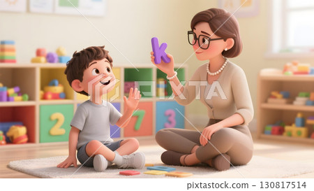 3d cartoon Autistic child boy learning letter recognition with therapist holding letter K in therapy session for language and cognitive skills inclusion awareness 130817514