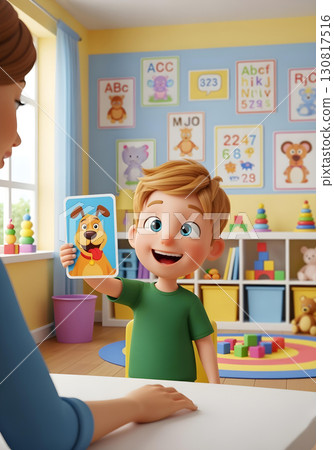 Autistic child boy in speech therapy holding dog flashcard with therapist in classroom for language and communication skills development inclusion awareness 130817516