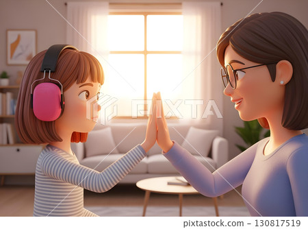3d cartoon Neurodivergent kid girl wearing headphone in autism therapy high fiving therapist to build trust social skills and emotional connection in supportive environment 130817519