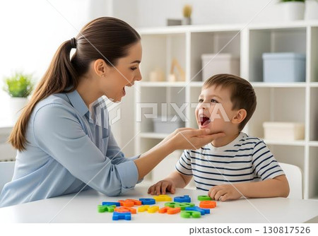 Autistic child boy in speech therapy session practicing articulation with therapist using colorful letters for autism communication and inclusion awareness Autistic child boy in speech therapy session practicing articulation with therapist using colorful letters for autism communication and inclusion awareness 130817526