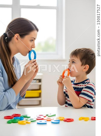Autistic child boy in speech therapy practicing oral motor exercises with therapist using colorful rings for pronunciation and autism communication skills Autistic child boy in speech therapy practicing oral motor exercises with therapist using colorful rings for pronunciation and autism communication skills 130817527